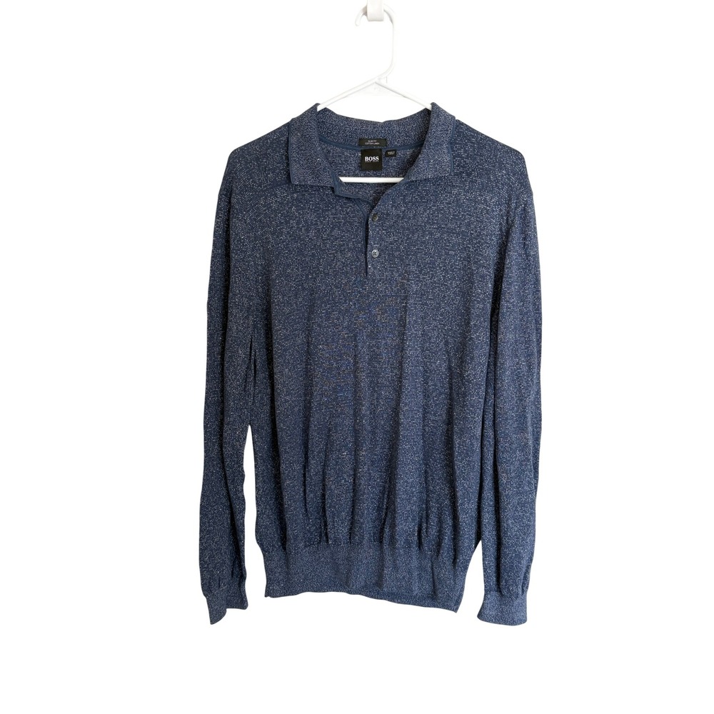 Hugo Boss Slim Fit Cotton Linen Long Sleeve Polo Sweater Blue Mens XL